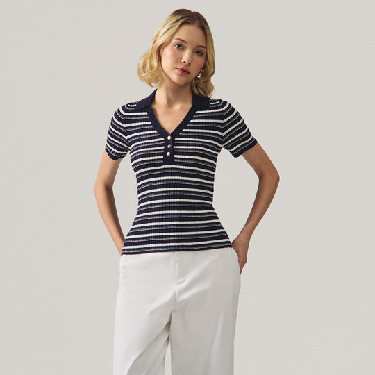 Textured Striped Polo With Gold Buttons