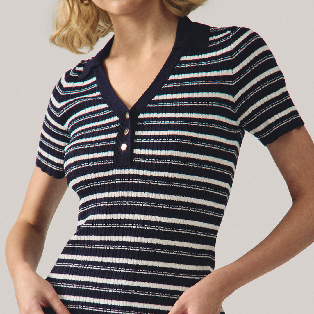Textured Striped Polo With Gold Buttons
